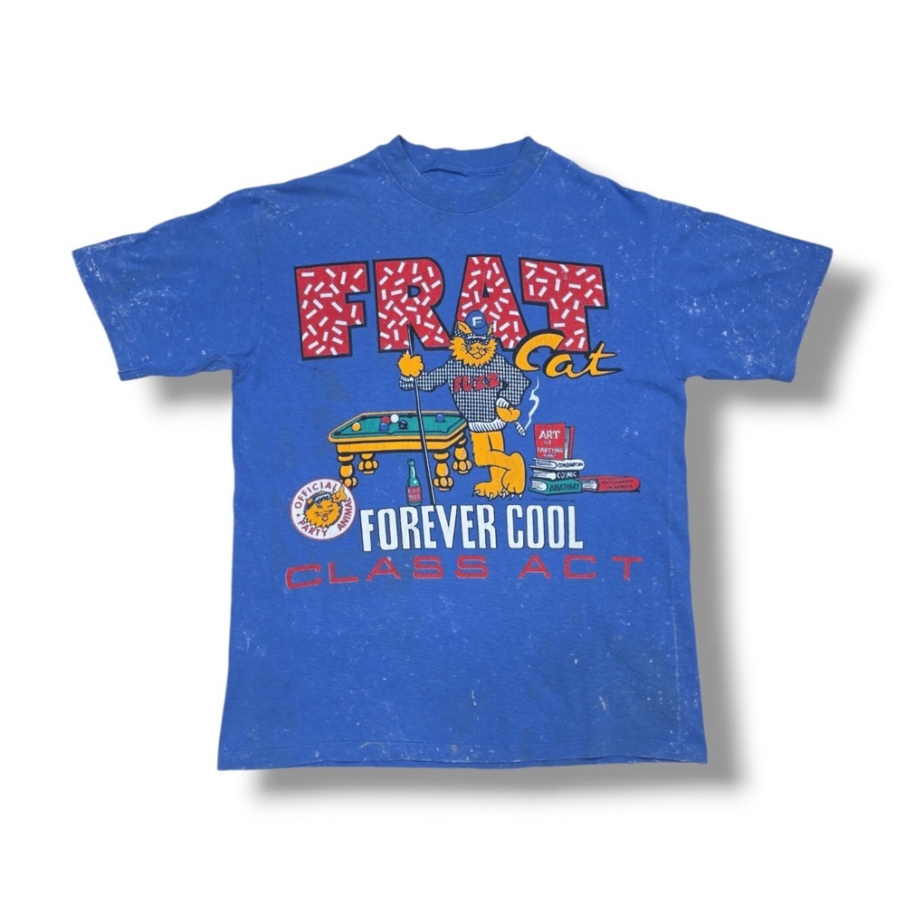 Vintage Party Animal "Fuzz" Fart Cat Forever Cool Class Act Blue T-Shirt Men's M